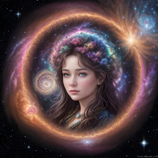 Prompt: {{{{highest quality concept art masterpiece}}}} digital drawing oil painting with full color fractal clusters Formula: z² + c + (z² + c) / (3z³ + c) background in fibonacci spiral voronoi nebulae and galaxies and moon, Best looking woman in the world There is sun in her hair, with perfect composition, insanely detailed, highly detailed, good quality full HD,  brown skin, a sharp small nose, a black transparent shawl, brown eyes, a modest long full-sleeved black dress, full body and a castle background.
