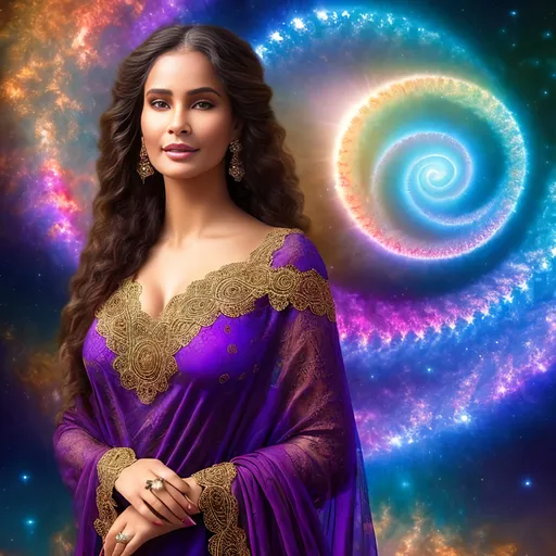 Prompt: full color fibonacci formula on newton julia fractal formula background sky, best looking big-breasted full body mature woman in the world, a modest long full-sleeved full color mandelbort fractal formula rym amari wearing dress and a full dark color newton nova fractal formula transparent lacy shawl, She has the sun in her hand, detailed beautiful face, detailed beautiful eyes, detailed beautiful skin, with perfect composition, insanely detailed, highly detailed, good quality full HD,  a sharp small nose, brown eyes.