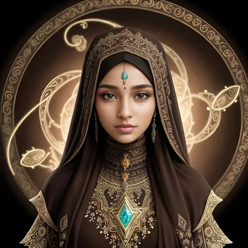 Prompt: full color fractal Formula: z² + c + (z² + c) / (3z³ + c) background, best looking woman in the world, with perfect composition, insanely detailed, highly detailed, good quality full HD,  brown skin, a sharp small nose, a full dark color mandelbort fractal hijab, brown eyes, a modest long full-sleeved full color mandelbort fractal dress, 4k uhd