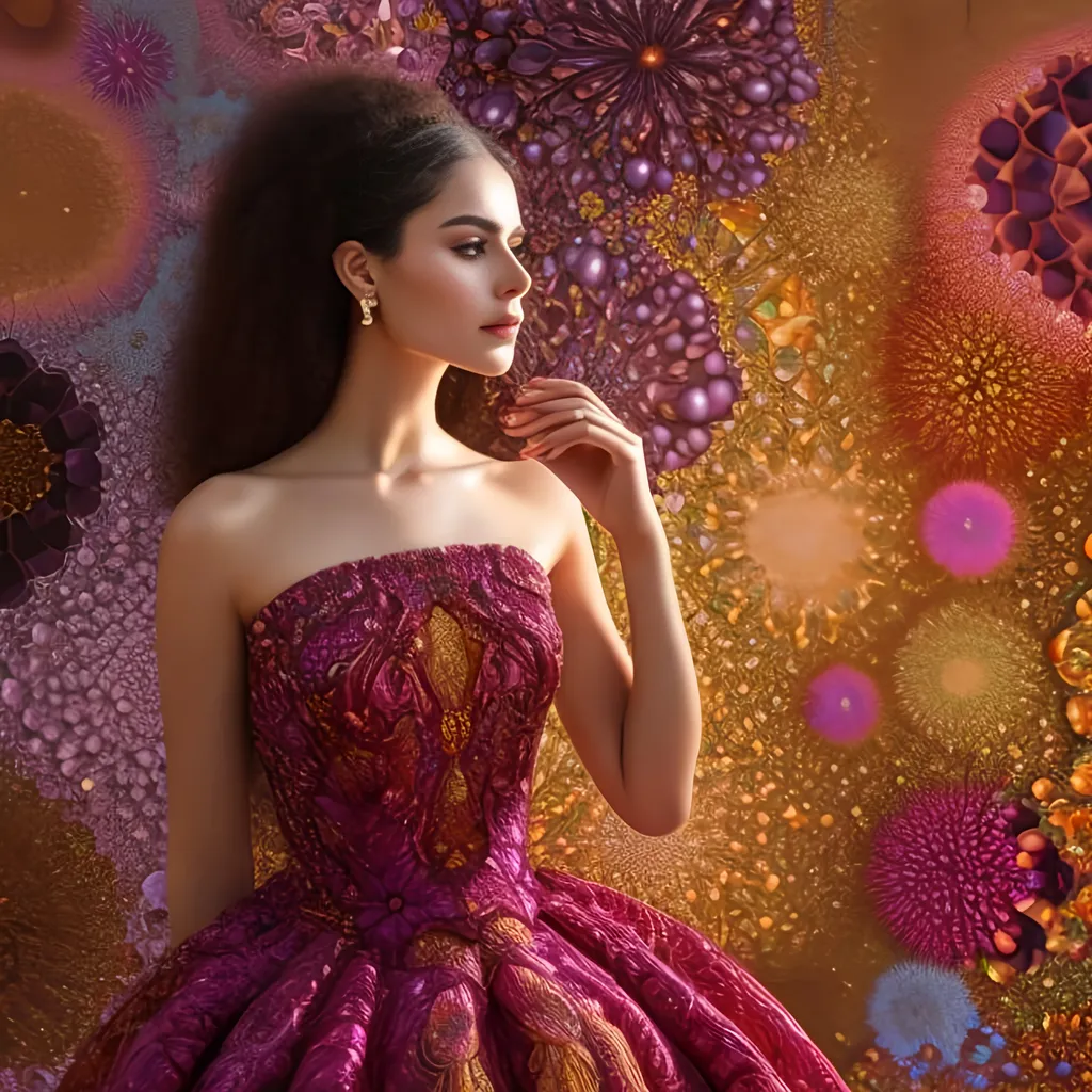 Prompt: Full color julia mandelbort fractal clusters in voronoi foreground and amazing haven, Ultra realistic 40 years old ottoman woman in a slim long and very detailed Dolce&Gabbana voronoi pattern fractal lorenz clusters transparent lacy dress, with a eyes makeup,  messy maroon balayage julia clusters julia trigonometric fractal Formula: (z² + c + (z² + c)) / (3z³ + c) hair, beautiful and perfect skin, perfect eyes and colour, sensual look, full body image, dim light, wearing a long dark maroon lorenz clusters fractal Formula: (z² + c + (z² + c)) / (3z³ + c) lacy dress, style of full body woman in Sanremo Festival HD 64k