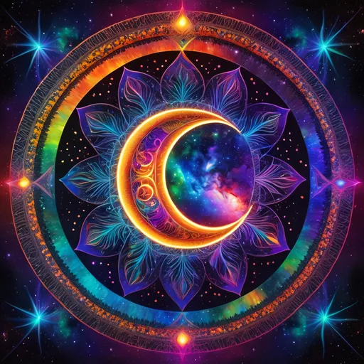 Prompt: in crescent colorful moon, stars , Fires from Cosmos, cyclical galaxies and nebulas on The Skald's Sine Melodies soundtrack created with tangent curve laser and neon lights and the broken partially broken fibonacci spiral mandala's aurora in the crevices visible with vibrant, sparkling metallic and fusion explosions to the beat