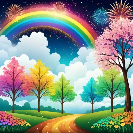 Prompt: Spring forest consisting of trees with leaves and clouds in fireworks and rainbow natural style