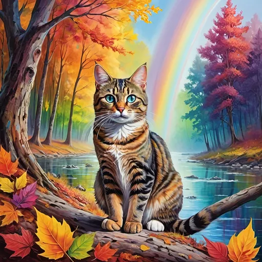 Prompt: tabby cat with rainbow colored eyes, autumn, forest, large trees, rivers, magical, leaves,  vivid colors, dreamlike atmosphere, high quality, surrealism, vibrant colors, abstract art, dreamlike, bold brushstrokes