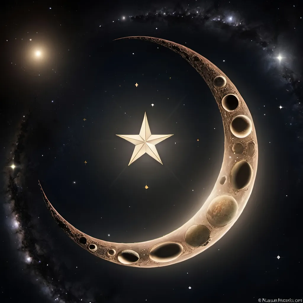 Prompt: crescent moon, five point star kuasar planets galaxies
