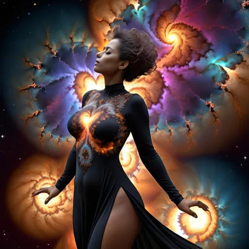 Prompt: Beautiful dreamy quasar broken heart fire emitted in nebulas in planets and black holes, mandelbrot fractal clusters pattern, flowing and vibrant and psychedelic colors and quasars.
Full body best looking big-breasted mature woman in the world, with perfect composition, insanely detailed, highly detailed, good quality full HD, brown skin, a sharp small nose, a black julia sets fractal design transparent a modest long full-sleeved black dress.