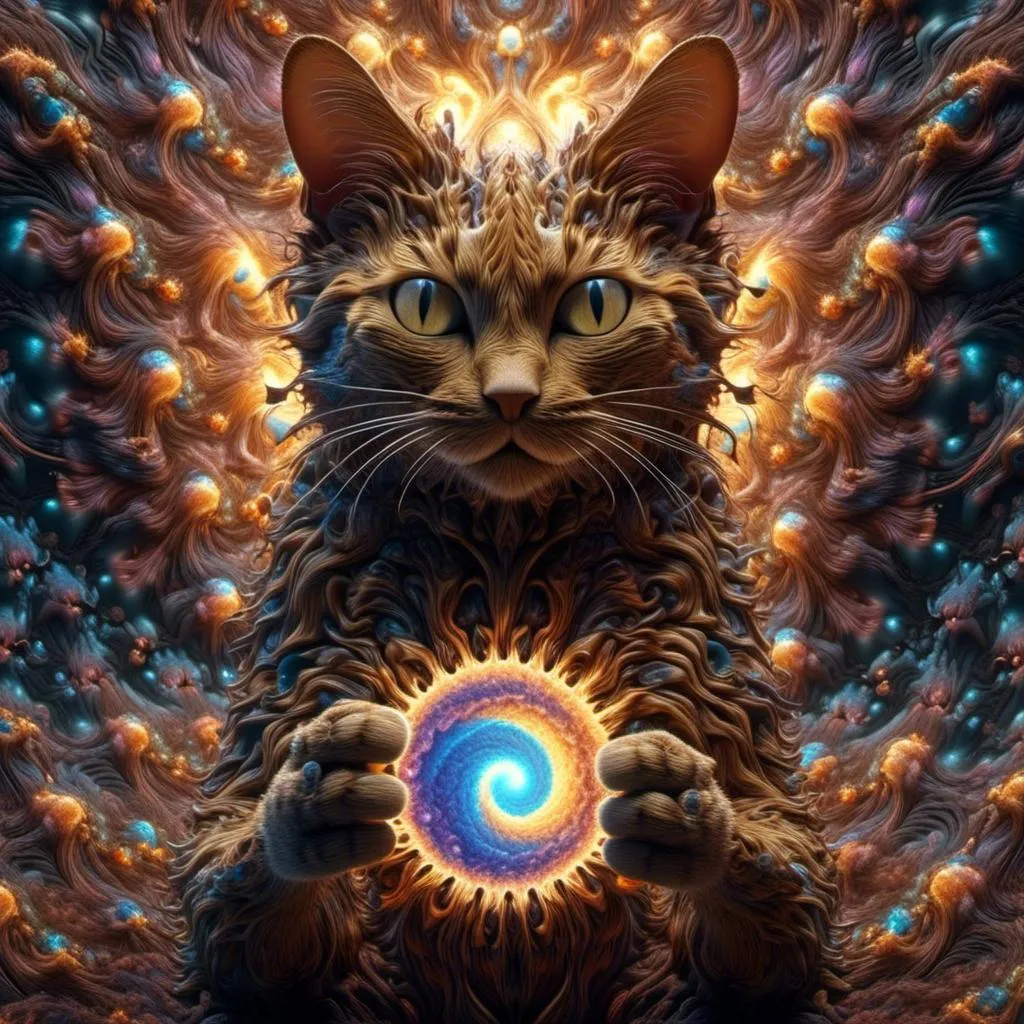 Prompt: <mymodel>full color fulia clusters fractal brown An organic surface generated with Perlin noise and Fractal geometry in space and supernova,  spectacular taby cat, holding the sun so bright in its paw highly-detailed, high resolution, 3d, hd, uhd.