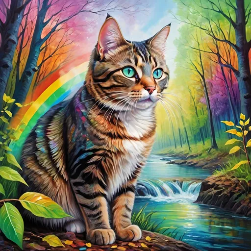 Prompt: tabby cat with rainbow colored eyes, spring, forest, large trees, rivers, magical, leaves,  vivid colors, dreamlike atmosphere, high quality, surrealism, vibrant colors, abstract art, dreamlike, bold brushstrokes