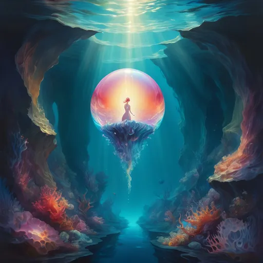 Prompt: Surrealist illustration of a radiant pearl emerging from a surreal abyss, vibrant and iridescent, dreamlike underwater scene, exquisite details, high quality, surrealism, radiant colors, dreamy lighting, breathtaking composition