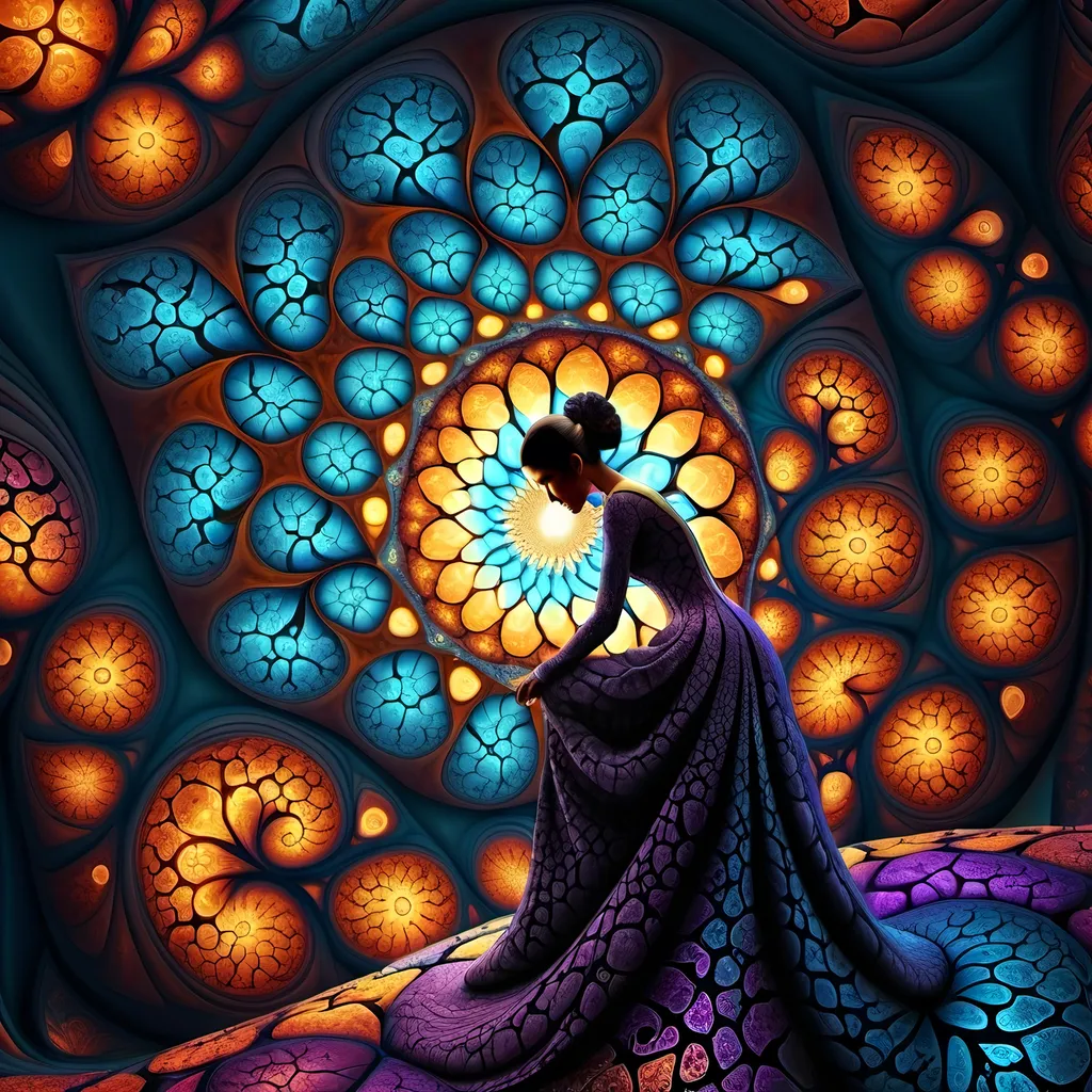 Prompt: Fantasy-style digital art of a mesmerizing Mandelbrot fractal cluster voronoi full body detailed ottoman woman, enchanting curves and textures resembling an ottoman, alluring and captivating, high quality, fantasy, fractal, digital art, mesmerizing curves, enchanting textures, magical, captivating, vivid colors, alluring, fantasy style, detailed, intricate patterns, atmospheric lighting