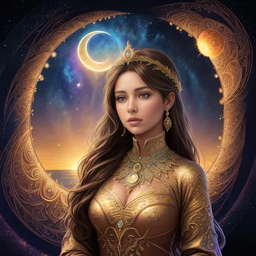 Prompt: {{{{highest quality concept art masterpiece}}}} digital drawing oil painting with full color fractal clusters Formula julia background in fibonacci spiral voronoi sky and sun and crescent moon, Best looking woman in the world, with perfect composition, insanely detailed, highly detailed, good quality full HD,  brown skin, a sharp small nose, brown eyes, a modest long full-sleeved black dress, full body and a bubble universes background.
