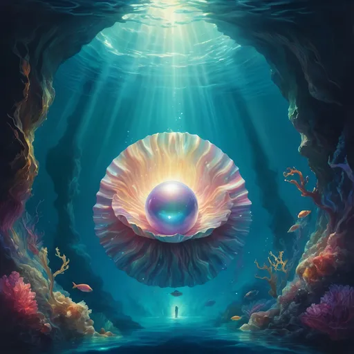 Prompt: Surrealist illustration of a radiant pearl emerging from a surreal abyss, vibrant and iridescent, dreamlike underwater scene, exquisite details, high quality, surrealism, radiant colors, dreamy lighting, breathtaking composition