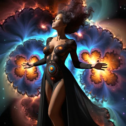 Prompt: Beautiful dreamy quasar broken heart fire emitted in nebulas in planets and black holes, mandelbrot fractal clusters pattern, flowing and vibrant and psychedelic colors and quasars.
Full body best looking big-breasted mature woman in the world, with perfect composition, insanely detailed, highly detailed, good quality full HD, brown skin, a sharp small nose, a black julia sets fractal design transparent a modest long full-sleeved black dress.