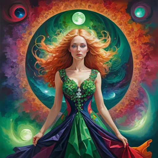 Prompt: Baroque-style surrealist image of a vibrant and very colorful (green red purple navy blue teal orange brown pink crimson) scene, transparent four-leafed clover high moon nebulas, natural phenomena with fractal big bang and colorful aurora, full-color Voronoi background, Blonde in green dress with green eyes, dramatic oil painting, vibrant flowing red hair and dress, masterpiece quality, intense colors, impressionistic style, bold oil strokes, detailed facial features, intricate and detailed thin shapes, high quality, ultra-colorful, vibrant lighting, surrealism, vibrant and phoenix fractal colors, sparkling.
