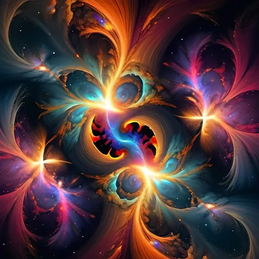 Prompt: Beautiful swirl vortex dreamy quasar broken heart in eye, fire emitted in nebulas in planets and galaxies, julia fractal clusters pattern, flowing and vibrant and psychedelic multi colors on background