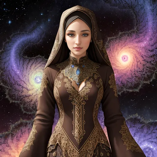 Prompt: background full color mandelbort fractals, best looking woman in the world, with perfect composition, insanely detailed, highly detailed, good quality full HD,  brown skin, a sharp small nose, a full dark color mandelbort fractal hijab, brown eyes, a modest long full-sleeved full color mandelbort fractal dress, 4k uhd