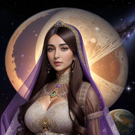 Prompt: full color fibonacci spiral voronoi fractal space sun and moon on planets foreground, A big beautiful and real Ottoman wife photo, with perfect composition, insanely detailed, highly detailed, good quality full HD, brown skin, a sharp small nose, a full dark color classic low bundle style hair, brown eyes, wearing a purple transparent lacy dress and a white veil