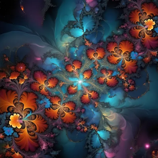 Prompt: Bright mandelbort fractal and flowers on nebulas, vibrant colors, intricate and detailed petals, high quality, surreal, surrealism, ultra colorful, wild and chaotic, vibrant lighting