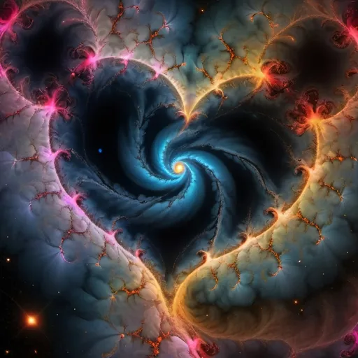 Prompt: Beautiful swril dreamy quasar broken heart fire emitted in nebulas in planets and black holes, mandelbrot fractal clusters pattern, flowing and vibrant and psychedelic colors and quasars