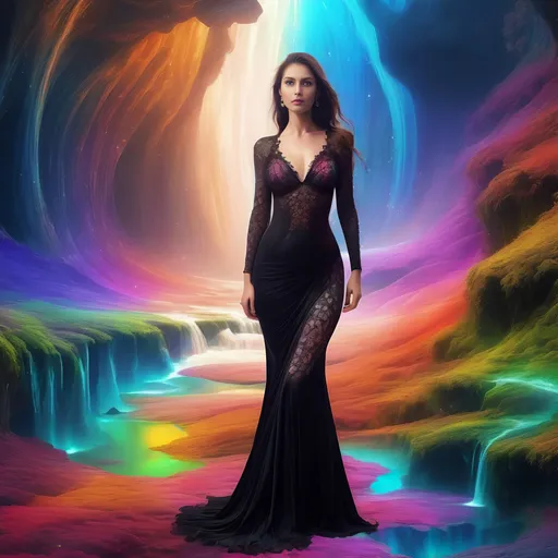 Prompt: Fairy tale land array, glowing deep color magnet fractal interpolation koch curves and rainbow colors galaxies on nebula and newton fractals, bright big planets supernovas and glass rivers, Best looking woman in a wonderful dress iis standing in a field of silken waterfall, with perfect composition, insanely detailed, highly detailed, good quality full HD, white skin, a sharp small nose, a black transparent shawl, brown eyes, a modest long full-sleeved lacy black dress,
vibrant and julia fractal colors, intricate and detailed thin transparent cloverleaf shape petals shaped