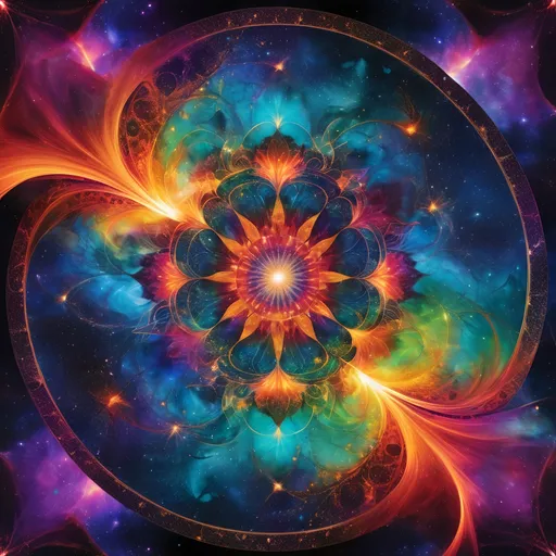 Prompt: Flames from the cracks and Cosmos, galaxies and nebulas on The Skald's Sinuous Melodies soundtrack created with sine * tangent curve laser lights and the broken partially fibonacci spiral mandala's aurora in the crevices visible with vibrant, sparkling metallic and fusion explosions to the beat