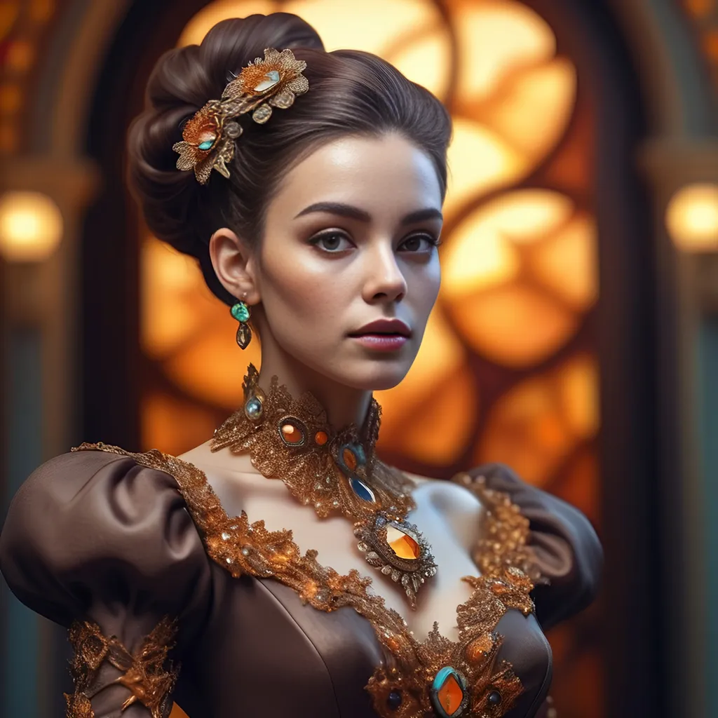 Prompt: full body elegant female full color brown dressed as french artist, looking at viewer, photography, Stunning, updo, detailed skin, extremely detailed face with eyes and iris, luxury jewelry, old manor Grease style realistic, photo-realistic,  highly detailed, full length frame, piercing,  amazing warm colors, full color voronoi on julia clusters fractal sky, full color Fractal geometry exists in the foreground knowledge of the world, diffused soft lighting, shallow depth of field, sharp focus, hyperrealism, cinematic lighting highest quality, highest detail, Cinematic, Long Exposure,