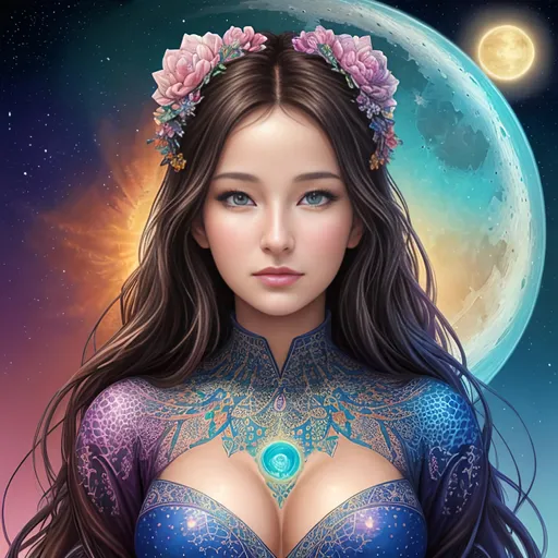 Prompt: {{{{highest quality concept art masterpiece}}}} digital drawing oil painting with full color fractal Formula: z² + c + (z² + c) / (3z³ + c) background in fibonacci voronoi sky and sun and moon, Best looking woman in the world, with perfect composition, insanely detailed, highly detailed, good quality full HD,  brown skin, a sharp small nose, a black transparent shawl, brown eyes, a modest long full-sleeved black dress, full body and a castle background.
