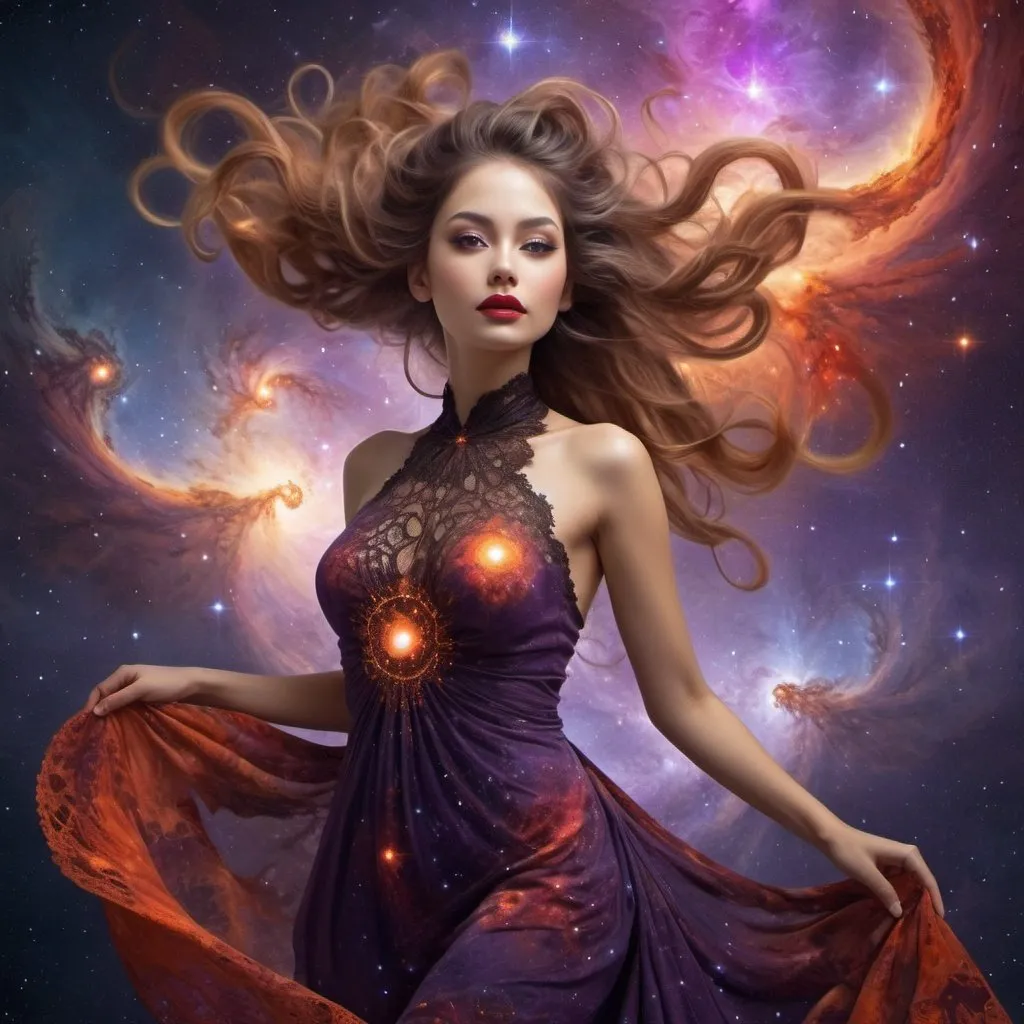 Prompt: {Surreal illustration of a full body adorable woman with red big very beautiful lips and luscious balayage updo detailed long hair, Her long hair and scarf wave with the galaxies and fractal nebulas, detailed elegant full body and detailed beautiful face, wearing a transparent brown Mandelbrot clusters fractal purple dress, mandarin garnet theme, fantasy style, vivid colors, elegant and youthful, intricate lace, fractal twisted nebulas, high quality dreamy atmosphere, stars, planets in formation, fire and water elements}