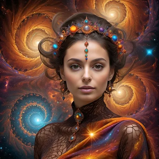 Prompt: Beautiful swirl vortex dreamy quasar planets broken heart in eye in fantastically woman a sharp small nose, a full dark color mandelbort fractal shawl, brown eyes, a modest long full-sleeved full color mandelbort fractal dress, fire emitted in nebulas in planets and galaxies, julia fractal clusters pattern, flowing and vibrant and psychedelic multi colors on background, 4k, uhd