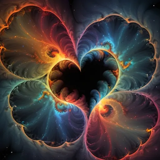 Prompt: Beautiful swirl dreamy quasar broken heart fire emitted in nebulas in planets and black holes, mandelbrot fractal clusters pattern, flowing and vibrant and psychedelic rainbow colors