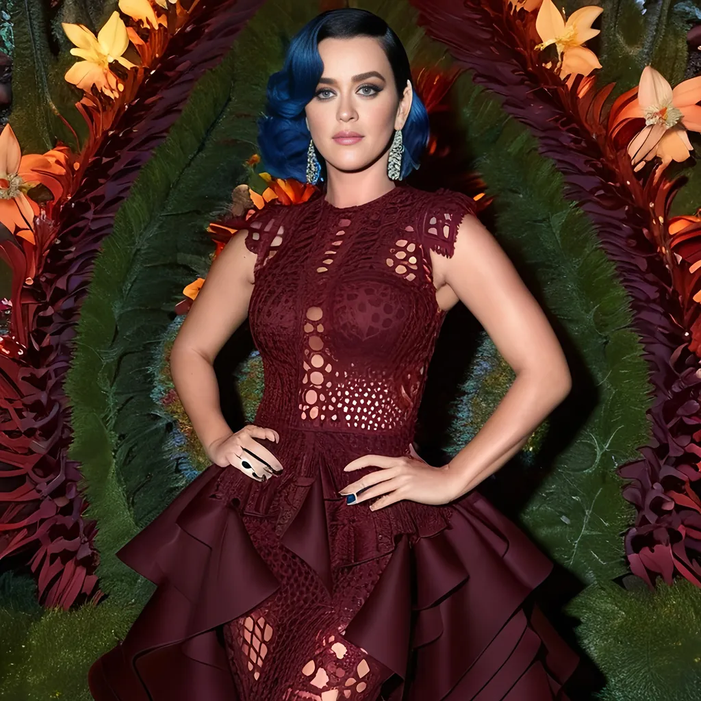 Prompt: Full color fractal clusters in voronoi foreground and amazing haven, Ultra realistic Katy Perry in a slim long and very detailed Dolce&Gabbana voronoi fractal lorenz clusters transparent lacy dress, with a eyes makeup,  messy brown balayage julia clusters julia trigonometric fractal Formula: (z² + c + (z² + c)) / (3z³ + c) hair, beautiful and perfect skin, perfect eyes and colour, sensual look, full body image, dim light, wearing a long dark maroon lorenz clusters fractal Formula: (z² + c + (z² + c)) / (3z³ + c) dress, style of full body woman in Sanremo Festival HD 64k