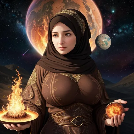 Prompt: full color endless sky on julia, newton and mandelbrot fractal, best looking giant huge big-breasted mature wife in the fire and planet, with perfect composition, insanely detailed, highly detailed, good quality full HD,  brown skin, a sharp small nose, a full dark color mandelbort fractal hijab, NFSW, brown eyes, a modest long full-sleeved full color voronoi fractal dress, full body and a fantasy background.
