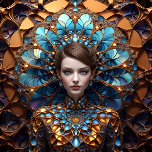 Prompt: visible full body elegant female full color mid-brown Fractal parabolical geometry on voronoi wires dressed as french artist, looking at viewer, photography, Stunning, updo, detailed skin, extremely detailed face with eyes and iris, luxury jewelry, old manor Grease style realistic, photo-realistic,  highly detailed, full length frame, piercing,  amazing colors, surrounded by full color voronoi on hyperbolic fractal mandelbort clusters color sky background, full color Fractal geometry exists in the foreground knowledge of the world, diffused soft sun lighting, shallow depth of field, sharp focus, hyperrealism, cinematic lighting highest quality, highest detail, Cinematic, Long Exposure,