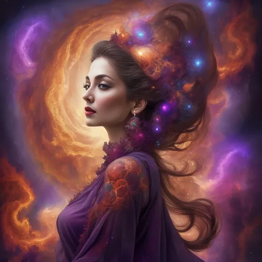 Prompt: Surreal illustration of a full body middle aged woman with red big very beautiful lips and balayage updo detailed long hair, Her long hair and scarf wave with the galaxies and fractal nebulas, detailed elegant full body and detailed beautiful face, wearing a brown Mandelbrot clusters fractal purple dress, mandarin garnet theme, fantasy style, vivid colors, elegant and youthful, intricate lace, fractal twisted nebulas, high quality dreamy atmosphere, stars, planets in formation, fire and water elements

Fantasy-style illustration of intricate Mandelbrot fractal, magical and ethereal atmosphere, vibrant and surreal color palette, intricate and detailed patterns, high quality, fantasy, magical, ethereal, vibrant colors, surreal, intricate patterns, detailed, professional, atmospheric lighting
