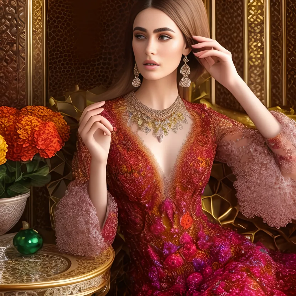 Prompt: Full color julia fractal clusters in voronoi foreground and amazing haven, Ultra realistic 40 years old ottoman woman in a slim long and very detailed Dolce&Gabbana voronoi pattern fractal lorenz clusters transparent lacy dress, with a eyes makeup,  messy maroon balayage julia clusters julia trigonometric fractal Formula: (z² + c + (z² + c)) / (3z³ + c) hair, beautiful and perfect skin, perfect eyes and colour, sensual look, full body image, dim light, wearing a long dark maroon lorenz clusters fractal Formula: (z² + c + (z² + c)) / (3z³ + c) lacy dress, style of full body woman in Sanremo Festival HD 64k