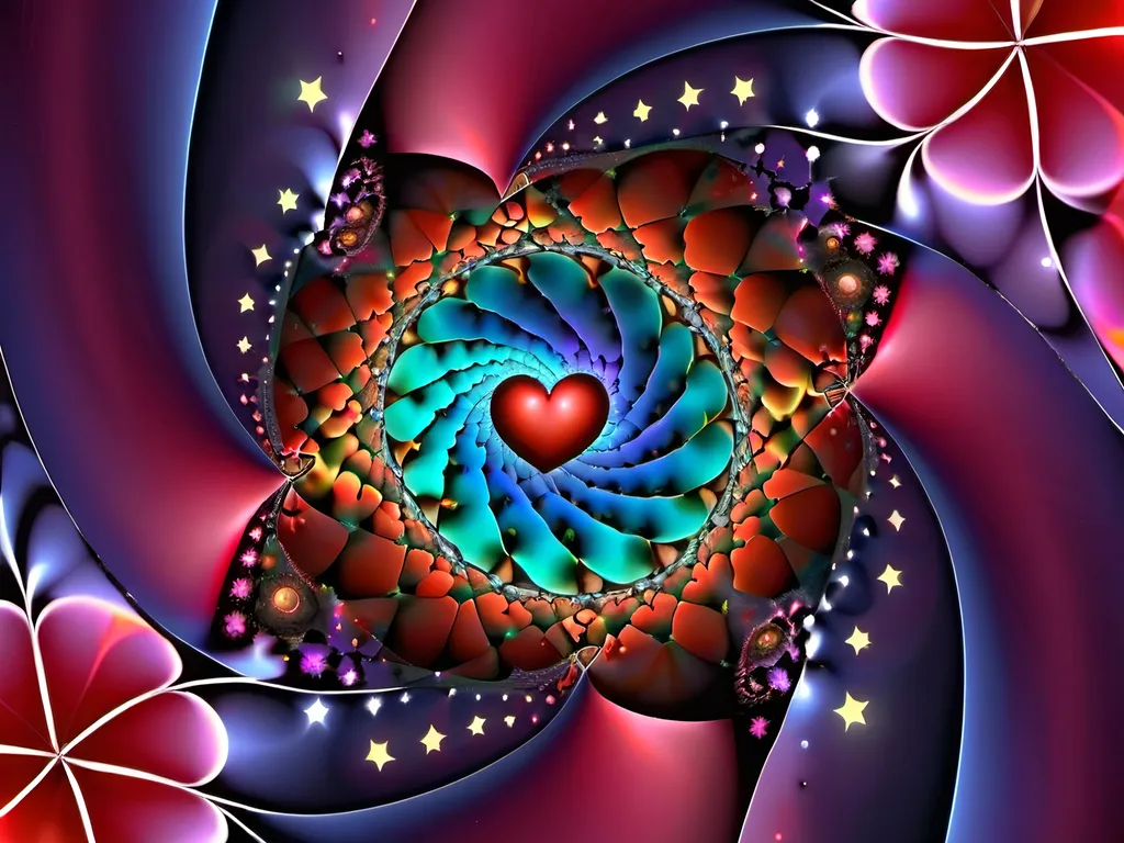 Prompt: Happy Valentine's day. Surrounded by full color fibonacci voronoi stars and cardioids in julia fractal sky planets pentacles nebulas and spiral galaxies asymetric cardioid background and foreground full color julia sets fractal Formula: z² + c + (z² + c) / (3z³ + c) voronoi ocean