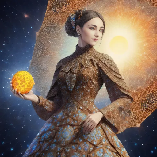 Prompt: Asymetric image, Surrounded by full color voronoi stars in julia sets mandelbort fractal sky background integrated full body elegant woman holds the sun in her hand full color brown dressed as ottoman fractal lacy full body shawl and looking at viewer, photography, Stunning, happy, updo balayage, detailed skin, extremely detailed face with eyes and iris, luxury jewelry, old manor Grease style realistic, photo-realistic,  highly detailed, full length frame, amazing warm colors, full color Fractal mandelbort geometry exists in the foreground knowledge of the world, diffused soft lighting, shallow depth of field, sharp focus, hyperrealism, cinematic lighting highest quality, highest detail, Cinematic, Long Exposure,