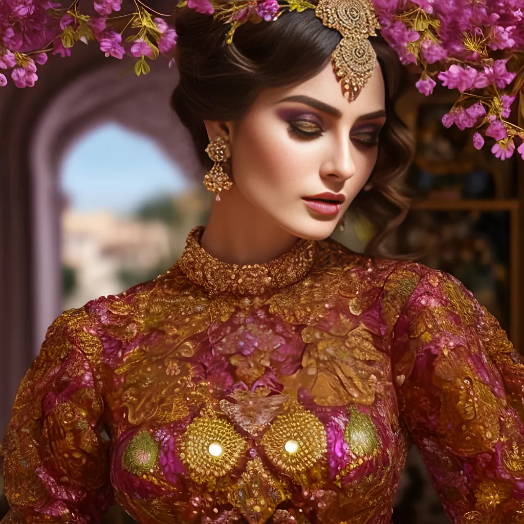 Prompt: Full color julia fractal clusters in voronoi foreground and amazing haven, Ultra realistic 40 years old ottoman woman in a slim long and very detailed Dolce&Gabbana voronoi pattern fractal lorenz clusters transparent lacy dress, with a eyes makeup,  messy maroon balayage julia clusters julia trigonometric fractal Formula: (z² + c + (z² + c)) / (3z³ + c) hair, beautiful and perfect skin, perfect eyes and colour, sensual look, full body image, dim light, wearing a long dark maroon lorenz clusters fractal Formula: (z² + c + (z² + c)) / (3z³ + c) lacy dress, style of full body woman in Sanremo Festival HD 64k