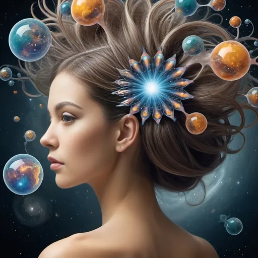Prompt: Fractal surreal image, Multiverse in woman's hair clip