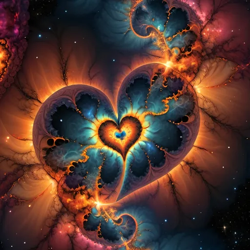 Prompt: Beautiful dreamy broken heart fire emitted in nebulas in planets and black holes, mandelbrot fractal clusters pattern, flowing and vibrant and psychedelic colors and quasars