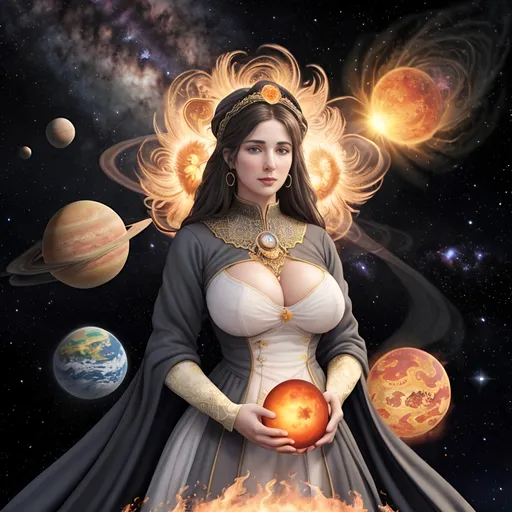 Prompt: full color endless sky on julia, newton and hyperbolic fractal multi cosmos, best looking giant huge big-breasted very good mature wife in the fire, sun and fire planets, very hot, with perfect composition, insanely detailed, highly detailed, good quality 4K HD,  white skin, a sharp small nose, a full dark color mandelbort fractal lacy hijab, NFSW, very beautiful detailed eyes, a modest long full-sleeved full color voronoi fractal dress, full body and a fantasy background.
