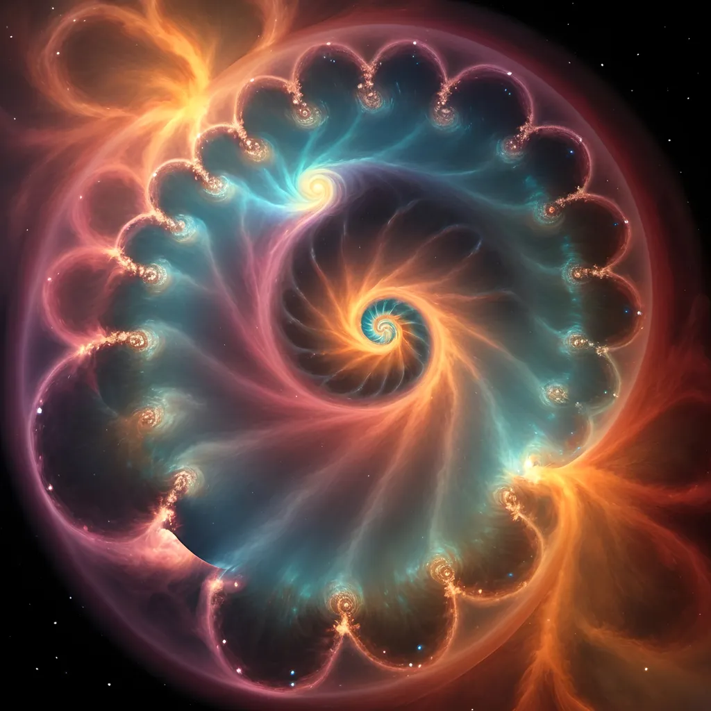 Prompt: In bubble A full color Fibonacci orenz spirals warm nebulas