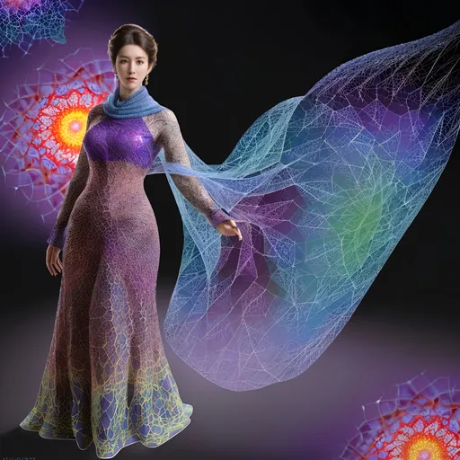 Prompt: full body 45 years old female full color mid-brown Fractal exponential parabolical geometry on voronoi wires dressed and full body lacy transparent shawl as ottoman woman, looking at viewer, photography, Stunning, updo, detailed skin, extremely detailed face with eyes and iris, luxury jewelry, old manor Grease style realistic, photo-realistic,  highly detailed, full length frame, full length body, amazing colors, surrounded by full color voronoi on fractal julia clusters background, full color Fractal geometry exists in the foreground knowledge of the world, diffused soft sun lighting, shallow depth of field, sharp focus, hyperrealism, cinematic lighting highest quality, highest detail, Long Exposure,