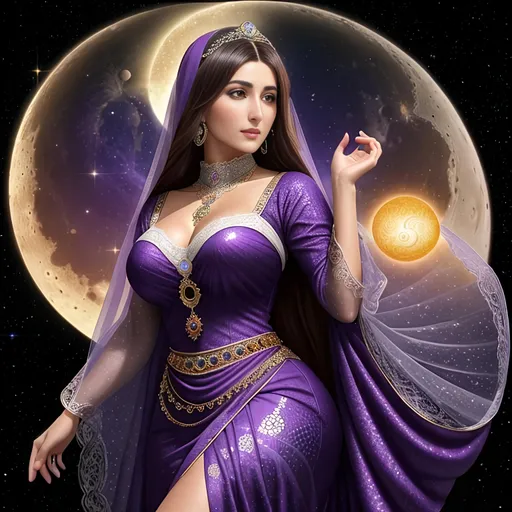 Prompt: full color fibonacci spiral voronoi fractal space sun and moon on crescent foreground, A big beautiful and real Ottoman wife photo, with perfect composition, insanely detailed, highly detailed, good quality full HD, brown skin, a sharp small nose, a full dark color classic low bundle style hair, brown eyes, wearing a purple transparent lacy dress and a white veil