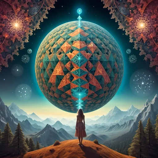 Prompt: Sierpinski planet in woman, fractal landscape, magical atmosphere, mythical creatures, highres, ultra-detailed, fantasy, surreal, vibrant colors, intricate details, ethereal lighting