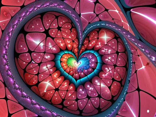 Prompt: Happy Valentine's day my heart. Surrounded by full color fibonacci voronoi stars and cardioids in julia fractal sky planets pentacles nebulas and spiral galaxies asymetric cardioid background and foreground full color julia sets fractal Formula: z² + c + (z² + c) / (3z³ + c) voronoi ocean