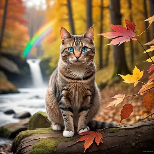 Prompt: tabby cat with rainbow colored eyes, autumn, forest, large trees, rivers, magical, leaves