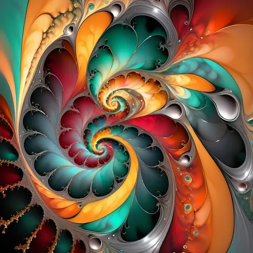 Prompt: Golden and silver and amber and emerald and ruby Mandelbrot inverse fibonacci fractal with magical swirls, spherical axens, abstract splash, metro-cudio maker, vibrant color palette, high quality, surrealism style, abstract, detailed patterns, intricate design, ethereal lighting