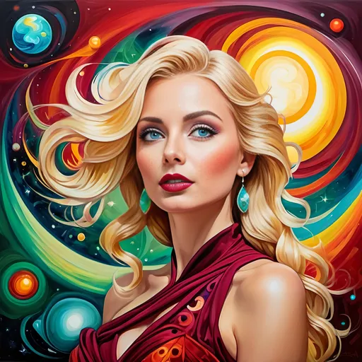 Prompt: Vibrant pop art image featuring a natural phenomenon with a fractal big bang and colorful aurora in the center, moon, planets, electrons, and photons in a four-chambered broken swirly sun, 
Blonde in maroon dress with green eyes, dramatic oil painting, vibrant flowing red hair and dress, masterpiece quality, intense colors, impressionistic style, bold oil strokes, detailed facial features,
full-color Voronoi background, thin intricate detailing, high quality, surrealism, ultra colorful, pop art