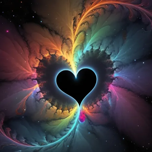 Prompt: Beautiful swril dreamy quasar broken heart fire emitted in nebulas in planets and black holes, mandelbrot fractal clusters pattern, flowing and vibrant and psychedelic rainbow colors