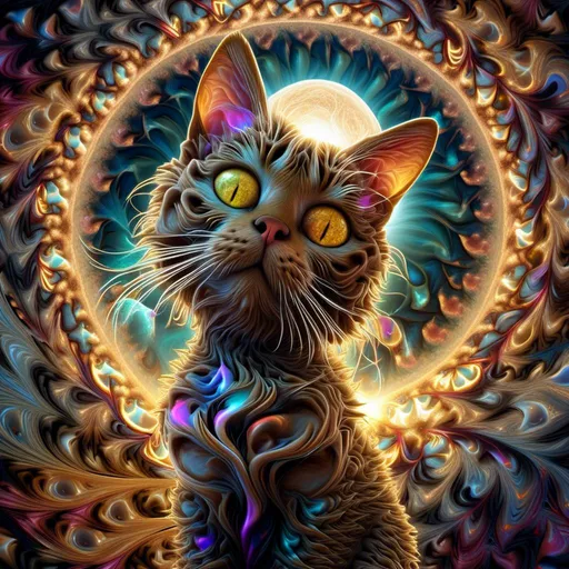 Prompt: <mymodel>full body visible elegant tabby cat full brown color Fractal hyperbolical geometry with sun and moon, holding the sun so bright in its paw highly-detailed, surreal beauty, soft light, surrounded by full color newton fractal in lorenz fractal, long shot, elegant, dramatic lighting